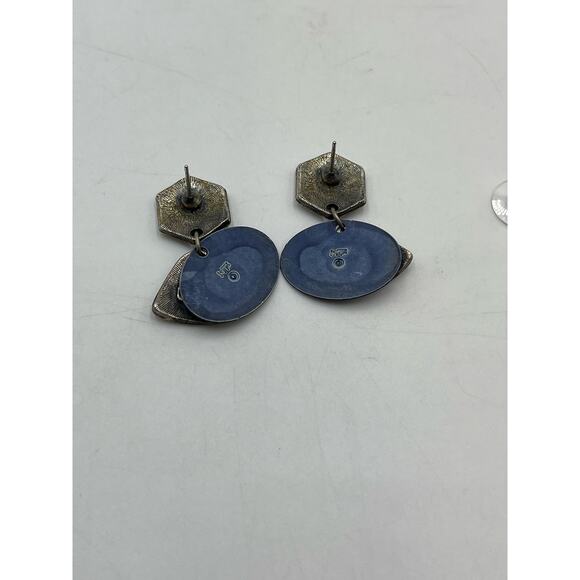 NP Newpro Vintage Mixed Metals Silver Pewter and Blue Enamel Dangle Earrings - Picture 7 of 15